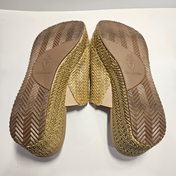 Volatile Metallic Gold Woven Straw Platform Wedge Slide Sandals Womens Size 8 - Picture 8 of 10